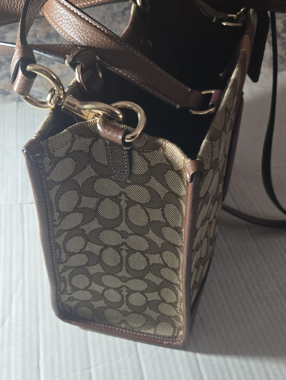 Coach  Dempsey Brown Signature Canvas Satchel with Burgundy and Tan Stripe